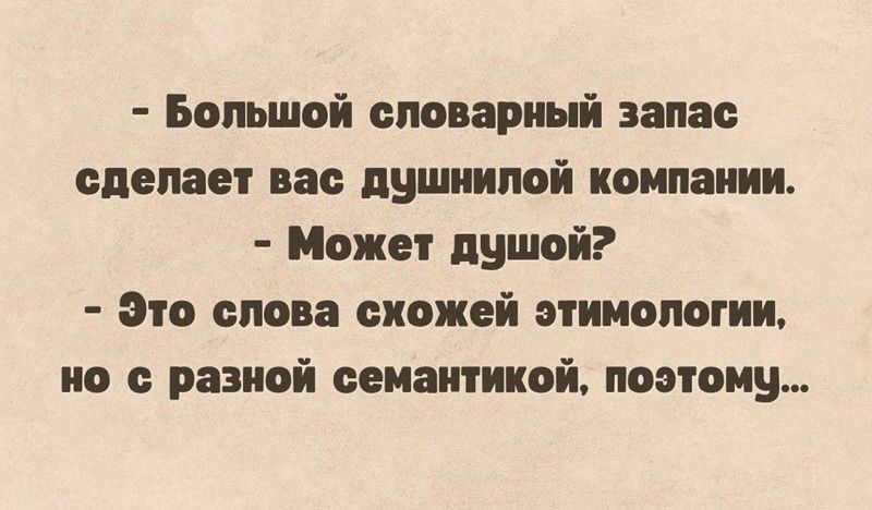 Большой словарный запас сделает вас душнилой компании Может душой Это слова схожей этимологии но с разной семантикой поэтомц