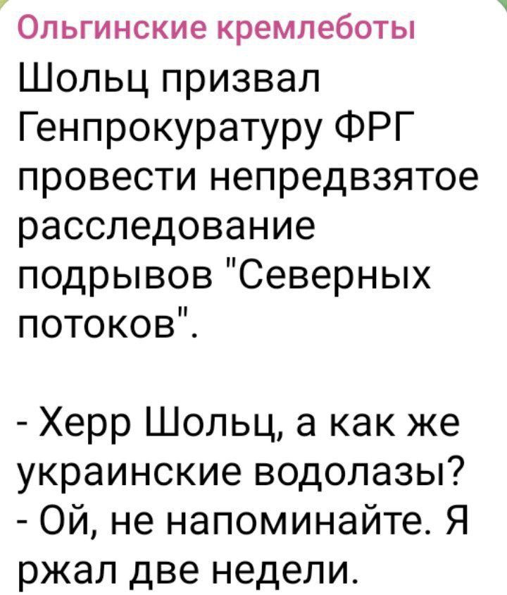 Ольгинские кремлеботы Шольц призвал Генпрокуратуру ФРГ провести непредвзятое расследование подрывов Северных потоков Херр Шольц а как же украинские водолазы ОЙ не напоминайте Я ржал две недели