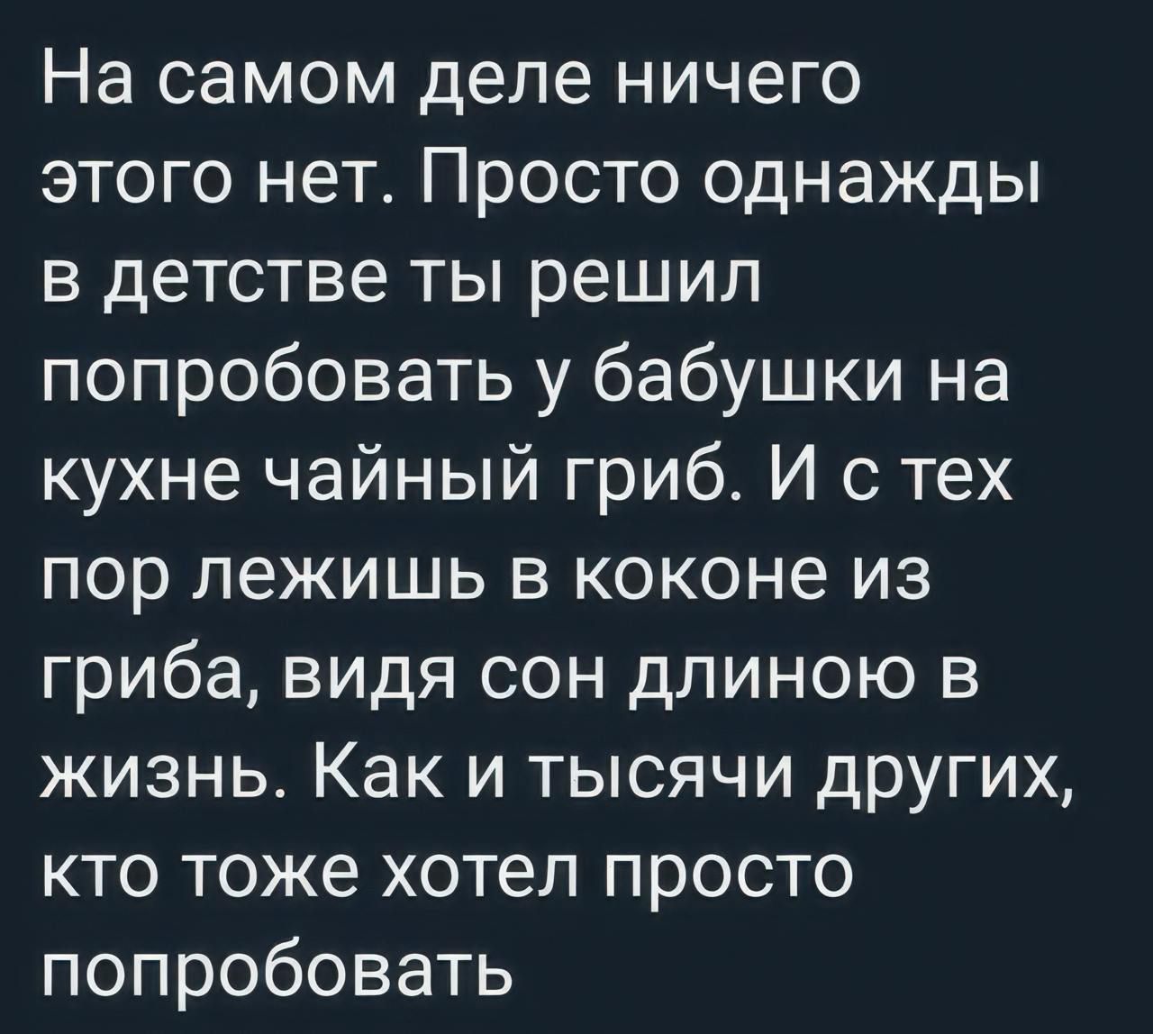 На самом деле ничего этого нет Просто однажды в детстве ты решил попробовать у бабушки на кухне чайный гриб И с тех пор лежишь в коконе из гриба видя сон длиною в жизнь Как и тысячи других кто тоже хотел просто попробовать