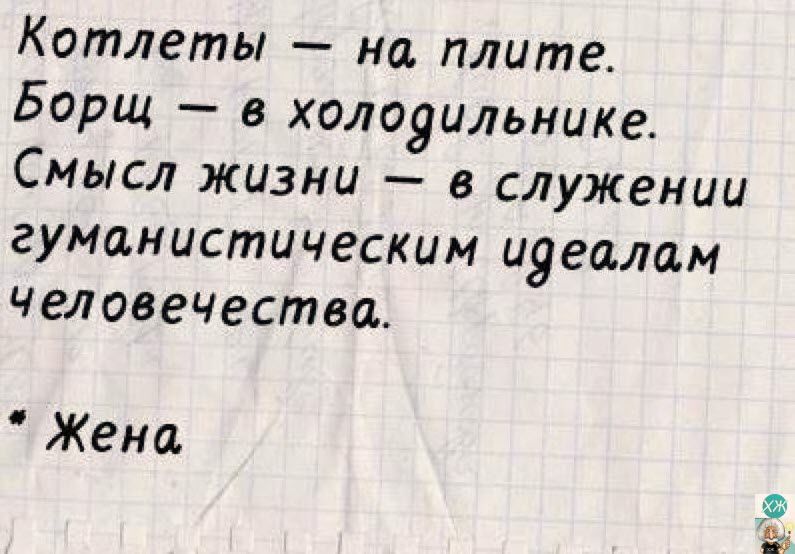 Котлеты на плите Борщ в холодильнике Смысл жизни в служении гумонистическим идеалам человечества Жена т