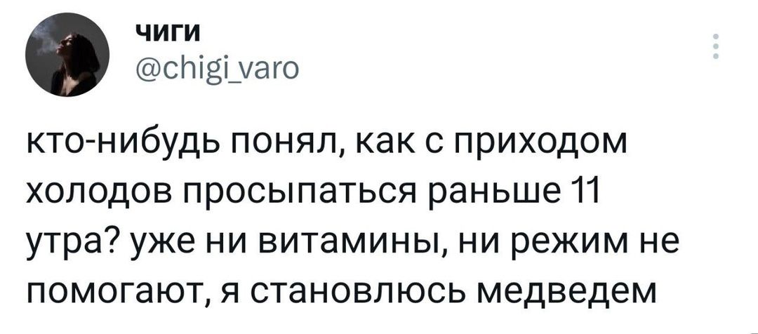 чиги с уаго кто нибудь понял как с приходом холодов просыпаться раньше 11 утра уже ни витамины ни режим не помогают я становлюсь медведем