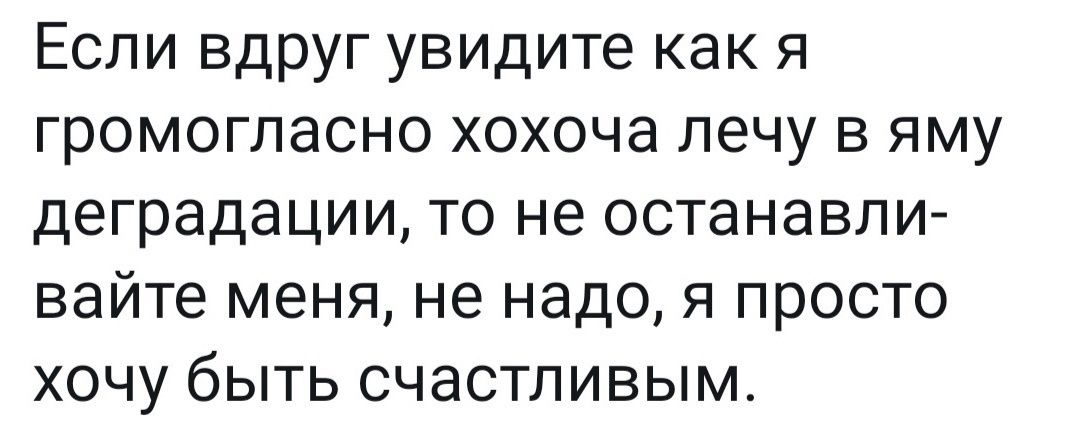 Если вдруг увидите как я громогласно хохоча лечу в яму деградации то не останавли вайте меня не надо я просто хочу быть счастливым