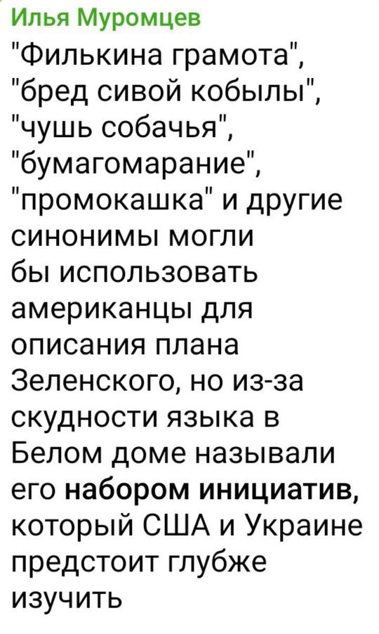 Илья Муромцев Филькина грамота бред сивой кобыльы чушь собачья бумагомарание промокашка и другие синонимы могли бы использовать американцы для описания плана Зеленского но из за скудности языка в Белом доме называли его набором инициатив который США и Украине предстоит глубже изучить