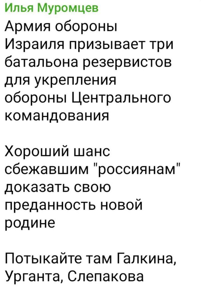 Илья Муромцев Армия обороны Израиля призывает три батальона резервистов для укрепления обороны Центрального командования Хороший шанс сбежавшим россиянам доказать свою преданность новой родине Потыкайте там Галкина Урганта Слепакова