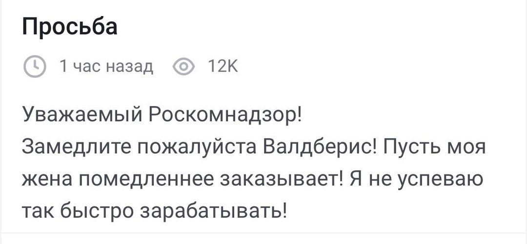 Просьба 5 1час назад 12К Уважаемый Роскомнадзор Замедлите пожалуйста Валдберис Пусть моя жена помедленнее заказывает Я не успеваю так быстро зарабатывать