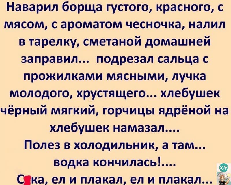 Наварил борща густого красного с мясом с ароматом чесночка налил в тарелку сметаной домашней заправил подрезал сальца с прожилками мясными лучка молодого хрустящего хлебушек чёрный мягкий горчицы ядрёной на хлебушек намазал Полез в холодильник а там водка кончилась Сека ел и плакал ел и плакал