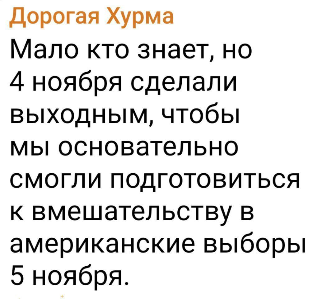 Дорогая Хурма Мало кто знает но 4 ноября сделали выходным чтобы мы основательно смогли подготовитТьЬсяЯ к вмешательству в американские выборы 5 ноября