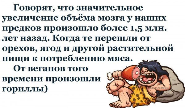 Говорят что значительное увеличение объёма мозга у наших предков произошло более 15 млн лет назад Когда те перешли от орехов ягод и другой растительной пищи к потреблению мяса От веганов того ра времени произошли ож гориллы