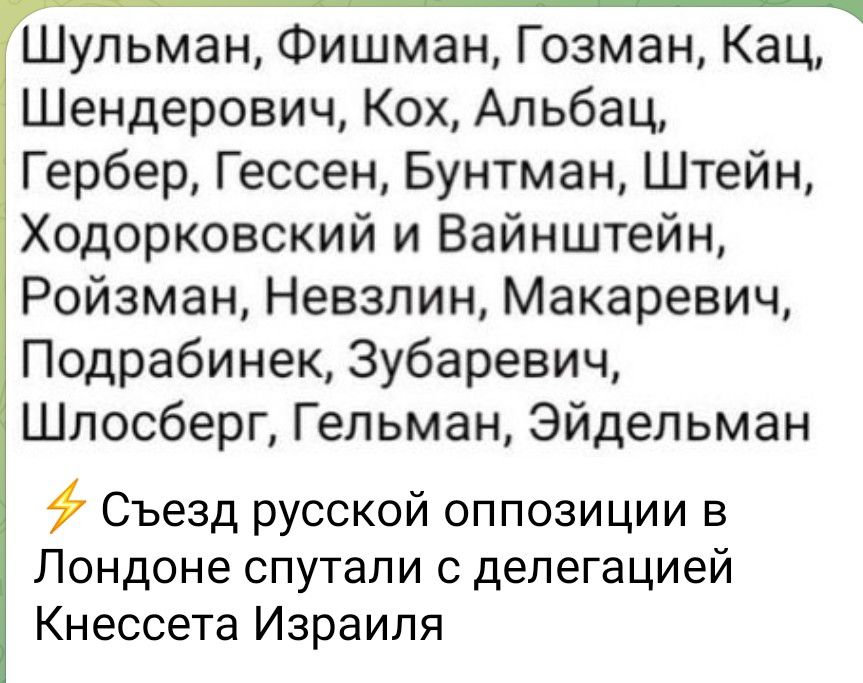 гШульман Фишман Гозман Кац Шендерович Кох Альбац Гербер Гессен Бунтман Штейн Ходорковский и Вайнштейн Ройзман Невзлин Макаревич Подрабинек Зубаревич Шлосберг Гельман Эйдельман Съезд русской оппозиции в Лондоне спутали с делегацией Кнессета Израиля