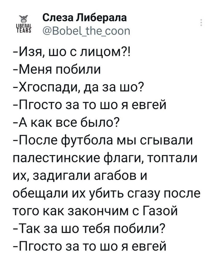 ж Слеза Либерала Вобе 1Не сооп Изя шо с лицом Меня побили Хгоспади да за шо Пгосто за то шо я евгей А как все было После футбола мы сгывали палестинские флаги топтали их задигали агабов и обещали их убить сгазу после того как закончим с Газой Так за шо тебя побили Пгосто за то шо я евгей