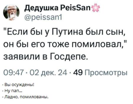 Дедушка Ре55ап ре55ат Если бы у Путина был сын он бы его тоже помиловал заявили в Госдепе 0947 О2 дек 24 49 Просмотры Вы осуждены ну пап Ладно помилованы