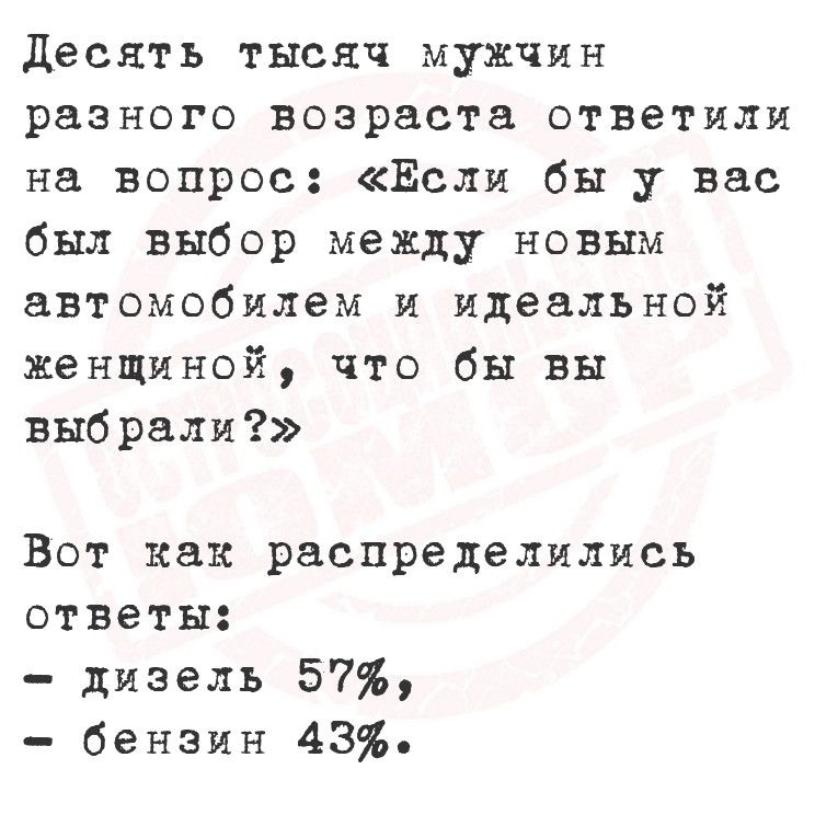 Десять тысяч мужчин разного возраста ответили на вопрос Если бы у вас был выбор между новым автомобилем и идеальной женщиной что бы вы выбрали Вот как распределились ответы дизель 57 бензин 434