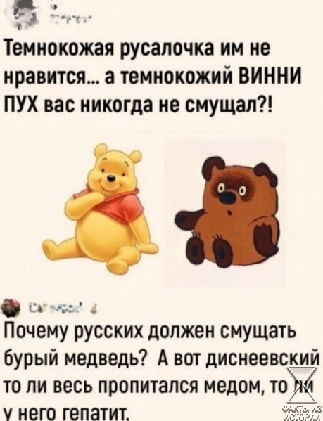 Темнокожая русалочка им не нравится а темнокожий ВИННИ ПУХ вас никогда не смущал ее Почему русских должен смущать бурый медведь А вот диснеевский то ли весь пропитался медом то у него гепатит