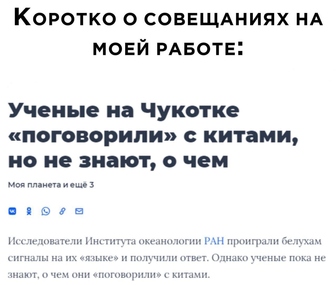 КорРотко о СОВЕЩАНИЯХ НА МОЕЙ РАБОТЕ Ученые на Чукотке поговорили с китами но не знают о чем Моя планета иещё 3 езбоов эватели Института океанологии РАН проиграли белухам алы на языке и получили ответ Однако ученые пока не т о чем они поговорили с китами