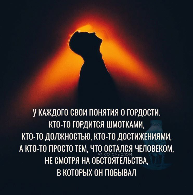 У КАЖДОГО СВОИ ПОНЯТИЯ 0 ГОРДОСТИ КТО ТО ГОРДИТСЯ ШМОТКАМИ КТО ТО ДОЛЖНОСТЬЮ КТО ТО ДОСТИЖЕНИЯМИ А КТО ТО ПРОСТО ТЕМ ЧТО ОСТАЛСЯ ЧЕЛОВЕКОМ НЕ СМОТРЯ НА ОБСТОЯТЕЛЬСТВА В КОТОРЫХ ОН ПОБЫВАЛ