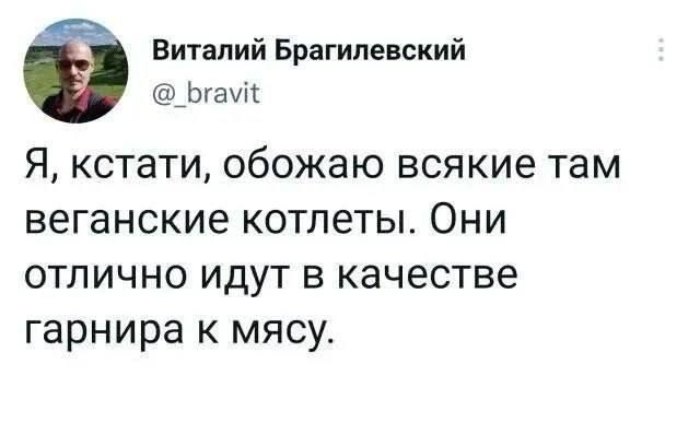 Виталий Брагилевский Бгаук Я кстати обожаю всякие там веганские котлеты Они отлично идут в качестве гарнира к мясу