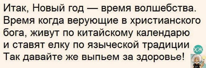 Итак Новый год время волшебства Время когда верующие в христианского бога живут по китайскому календарю и ставят елку по языческой традиции Так давайте же выпьем за здоровье ы