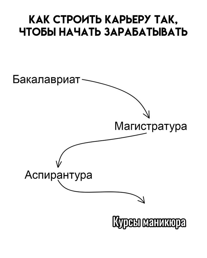 КАК СТРОИТЬ КАРЬЕРУ ТАК ЧТОБЫ НАЧАТЬ ЗАРАБАТЫВАТЬ Баапавриат1 Магистратура Аспирантура Курсыуманикюра