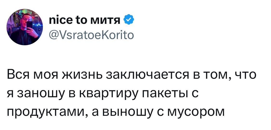тсе 10 митя 5гахоеКопо Вся моя жизнь заключается в том что я заношу в квартиру пакеты с продуктами а выношу с мусором