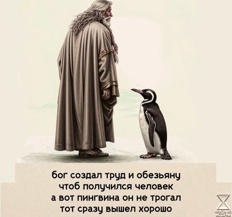 бог создал труд и обезьяну чтоб получился человек а вот пингвина он не трогал тот сразу вышел хорошо