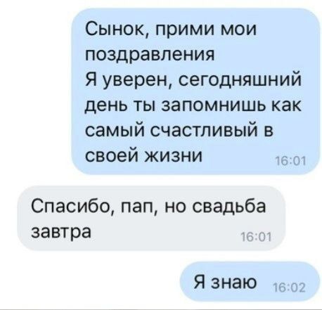 Сынок прими мои поздравления Я уверен сегодняшний день ты запомнишь как самый счастливый в своей жизни 1601 Спасибо пап но свадьба завтра Я знаю во