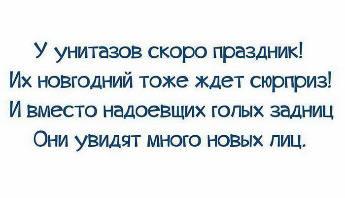 У унитазов скоро праздник Их новгодний тоже ждет сюрприз И вместо надоевщих голых задниц Они увидят много новых лиц