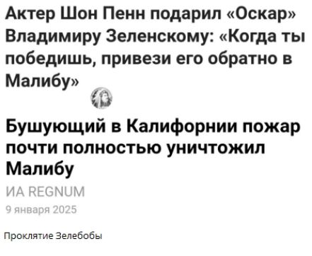 Актер Шон Пенн подарил Оскар Владимиру Зеленскому Когда ты победишь привези его обратно в Малибу Бушующий в Калифорнии пожар почти полностью уничтожил Малибу Проклятие Зелебобы