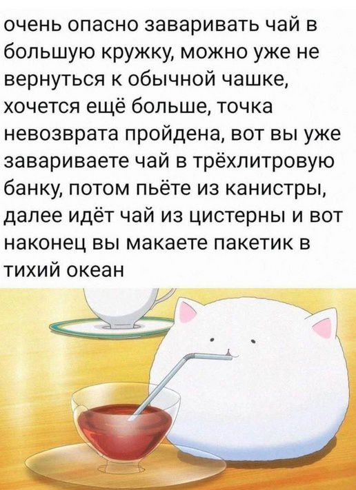 очень опасно заваривать чай в большую кружку можно уже не вернуться к обычной чашке хочется ещё больше точка невозврата пройдена вот вы уже завариваете чай в трёхлитровую банку потом пьёте из канистры далее идёт чай из цистерны и вот наконец вы макаете пакетик в тихий океан