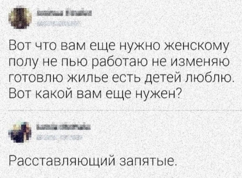 Вот что вам еще нужно женскому полу не пью работаю не изменяю готовлю жилье есть детей люблю Вот какой вам еще нужен н в Расставляющий запятые