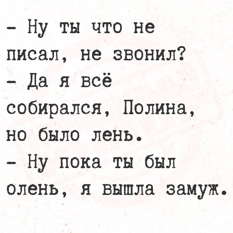 Ну ты что не писал не звонил Да я всё собирался Полина но было лень Ну пока ты был олень я вышла замуж