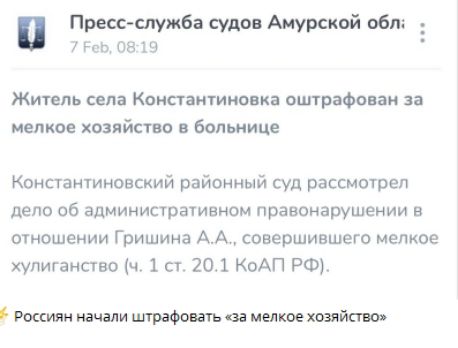 Пресс служба судов Амурской обл 7 Реь 0819 Житель села Константиновка оштрафован за мелкое хозяйство в больнице Константиновский районный суд рассмотрел дело об административном правонарушении в отношении Гришина АА совершившего мелкое хулиганство ч 1 ст 201 КоАП РФ Россиян начали штрафовать за мелкое хозяйство