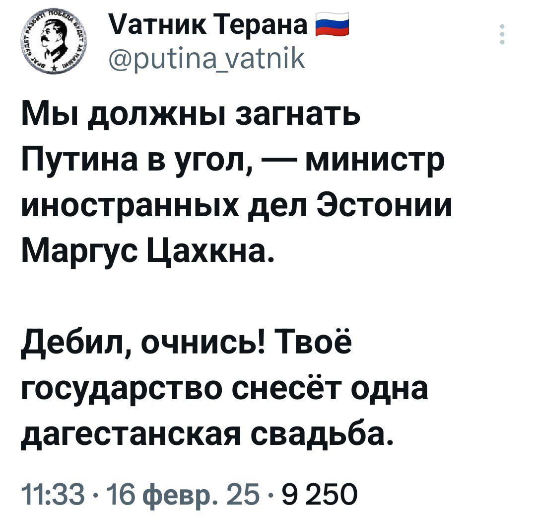 Ё Матник Терана аш рийпа уактКк Мы должны загнать Путина в угол министр иностранных дел Эстонии Маргус Цахкна Дебил очнись Твоё государство снесёт одна дагестанская свадьба 1133 16 февр 25 9 250