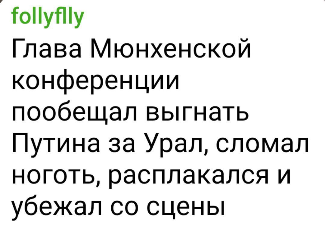 ТоПуЙу Глава Мюнхенской конференции пообещал выгнать Путина за Урал сломал ноготь расплакался и убежал со сцены