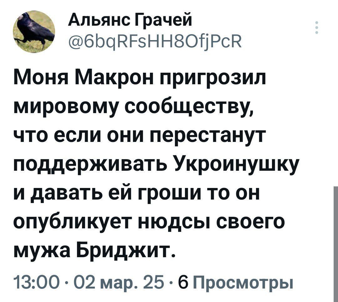 Альянс грачей бб0аве5ннвойрсв моня макрон пригрозил мировому сообществу, что если они перестанут поддерживать укроинушку и давать ей гроши то он опубликует нюдсы своего мужа бриджит. 13:00  02 мар. 25  6 просмотры