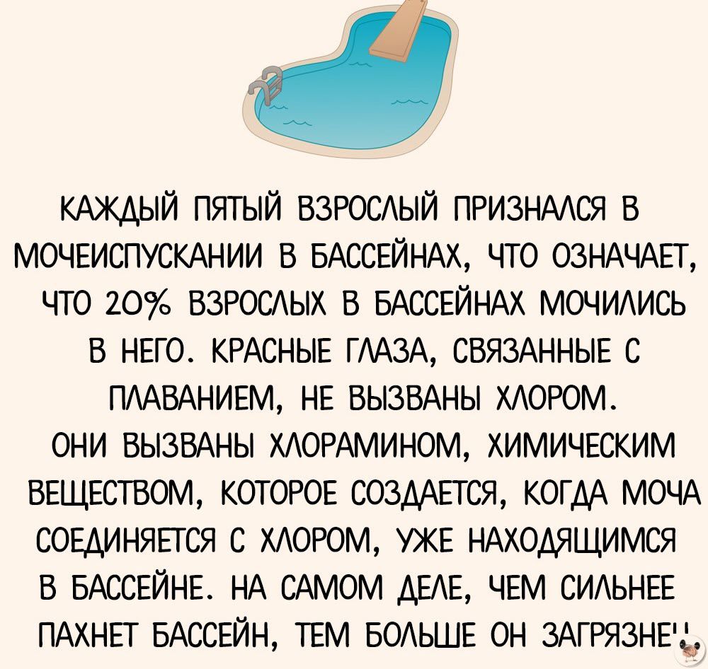 КАЖДЫЙ ПЯТЫЙ ВЗРОСЛый ПРИЗНАЛСЯ В МОЧЕИСПУСКАНИИ В БАССЕЙНАХ, ЧТО ОЗНАЧАЕТ, ЧТО 20% ВЗРОСЛЫХ В БАССЕЙНАХ МОЧИЛИСЬ В НЕМ. КРАСНЫЕ ГЛАЗА, СВЯЗАННЫЕ С ПЛАВАНИЕМ, НЕ ВЫЗВАНЫ ХЛОРОМ. ОНИ ВЫЗВАНЫ ХЛОРАМИНОМ, ХИМИЧЕСКИМ ВЕЩЕСТВОМ, КОТОРОЕ СОЗДАЕТСЯ, КОГДА МОЧА СОЕДИНЯЕТСЯ С ХЛОРОМ, УЖЕ НАХОДЯЩИМСЯ В БАССЕЙНЕ. НА САМОМ ДЕЛЕ, ЧЕМ СИЛЬНЕЕ ПАХНЕТ БАССЕЙН, ТЕМ БОЛЬШЕ ОН ЗАГРЯЗНЕН!