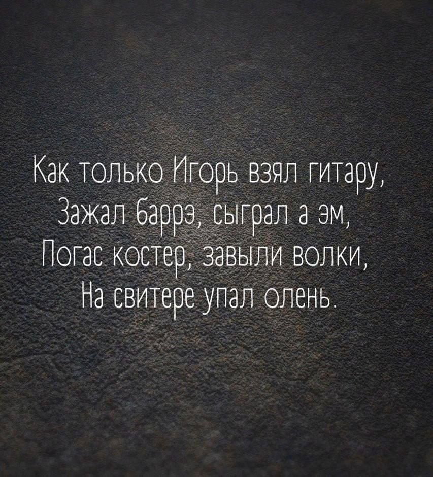 Как только Игорь взял гитару,
Зажал баррэ, сыграл а эм,
Погас костер, завыли волки,
На свитере упал олень.