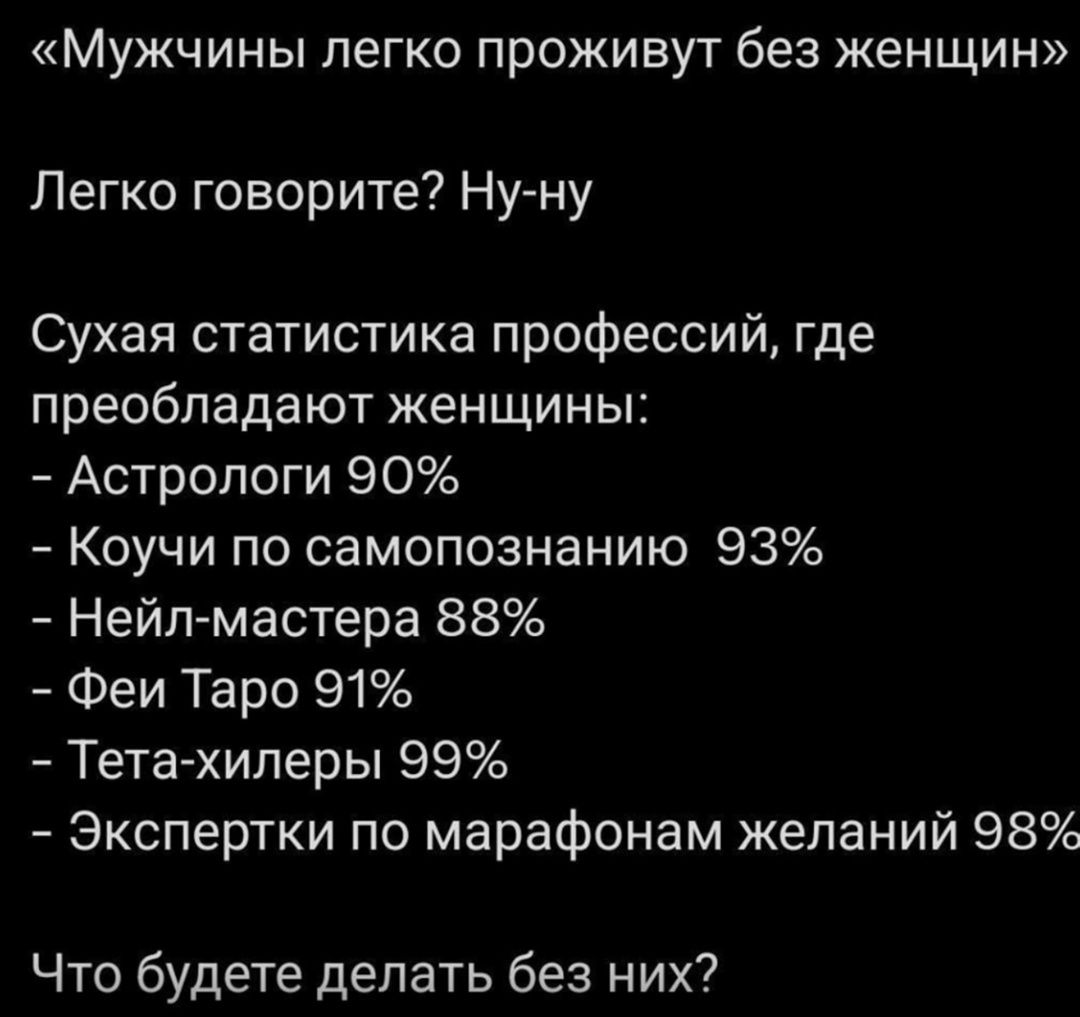 «Мужчины легко проживут без женщин» Легко говорите? Ну-ну Сухая статистика профессий, где преобладают женщины: - Астрологи 90% - Коучи по самоpoznанию 93% - Нейл-мастера 88% - Феи Таро 91% - Тета-хилеры 99% - Эксперты по марафонам желаний 98% Что будете делать без них?