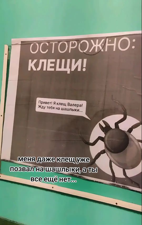 ОСТОРОЖНО: КЛЕЩИ!
Привет! Я клещ Валера! Жду тебя на шашлычки...
меня даже клещ уже позвал на шашлыки, а ты все ещё нет...