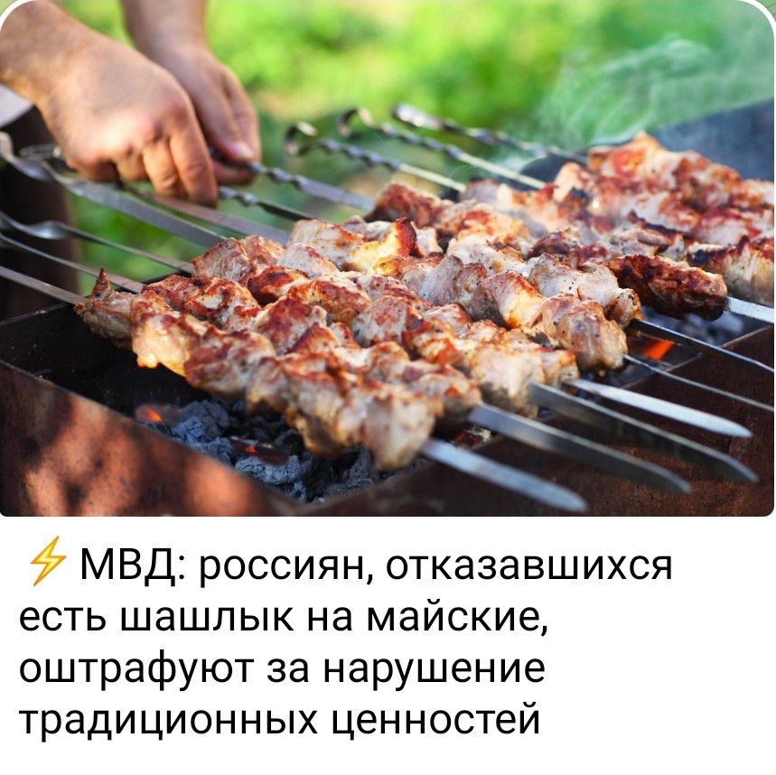 ⚡ МВД: россиян, отказавшихся есть шашлык на майские, оштрафуют за нарушение традиционных ценностей