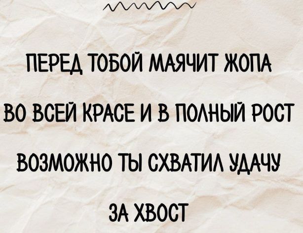 ПЕРЕД ТОБОЙ МАЯЧИТ ЖОПА ВО ВСЁЙ КРАСЕ И В ПОЛНЫЙ РОСТ ВОЗМОЖНО ТЫ СХВАТИЛ УДАЧУ ЗА ХВОСТ