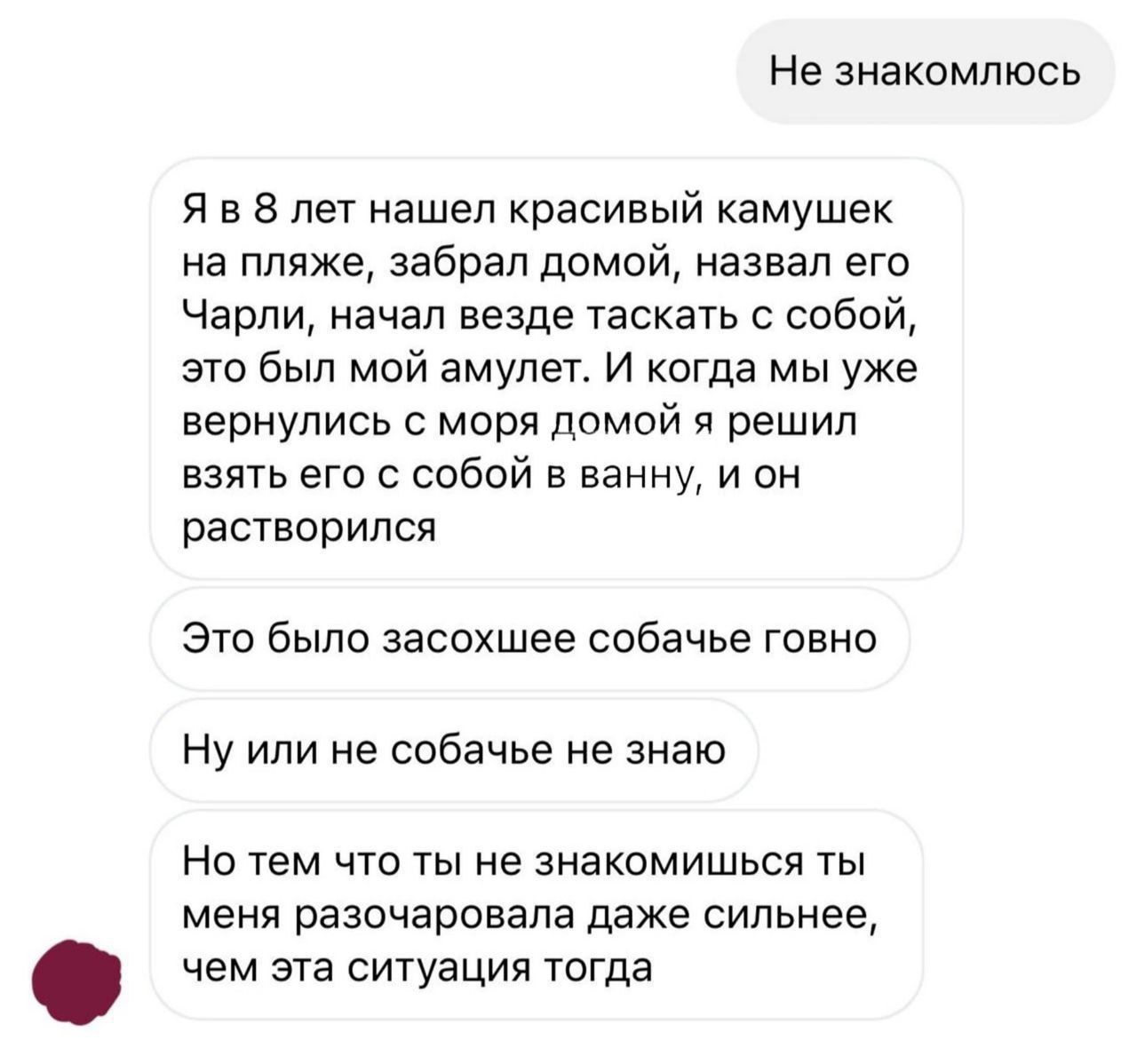 Не знакомлюсь

Я в 8 лет нашел красивый камушек на пляже, забрал домой, назвал его Чарли, начал его везде таскать с собой, это был мой амулет. И когда мы уже вернулись с моря домой я решил взять его с собой в ванну, и он растворился

Это было зазохшее собачье говно

Ну или не собачье не знаю

Но тем что ты не знакомишься ты меня разочаровал даже сильнее, чем эта ситуация тогда