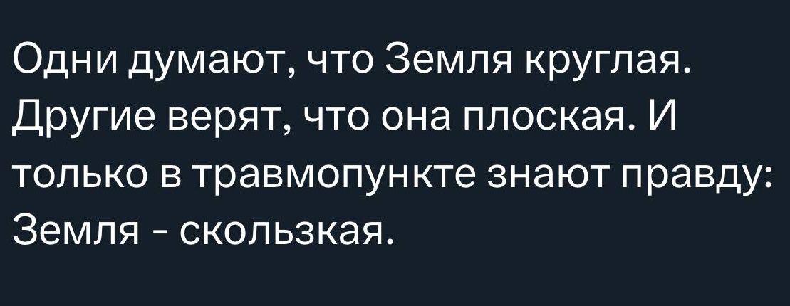 Одни думают, что Земля круглая. Другие верят, что она плоская. И только в травмопункте знают правду: Земля - скользкая.