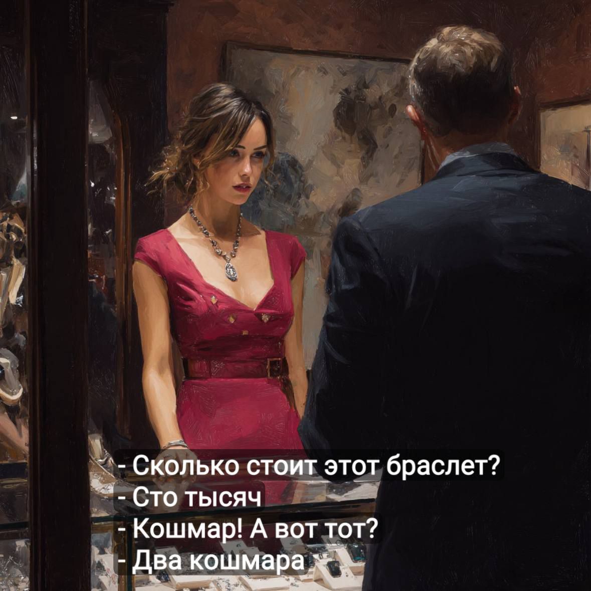 Сколько стоит этот браслет?
- Сто тысяч
- Кошмар! А вот тот?
- Два кошмара