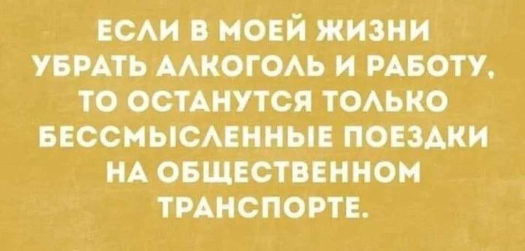 ЕСЛИ В МОЙ ЖИЗНИ УБРАТЬ АЛКОГОЛЬ И РАБОТУ, ТО ОСТАНУТСЯ ТОЛЬКО БЕССМЫСЛЕННЫЕ ПОЕЗДКИ НА ОБЩЕСТВЕННОМ ТРАНСПОРТЕ.