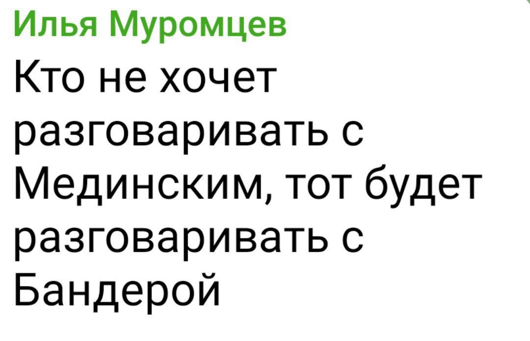 Илья Муромцев
Кто не хочет разговаривать с Мединским, тот будет разговаривать с Бандерой
