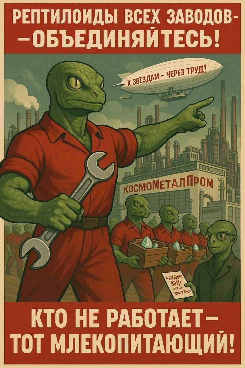 РЕПТИЛОИДЫ ВСЕХ ЗАВОДОВ-ОБЪЕДИНЯЙТЕСЬ!  К ЗВЕЗДАМ - ЧЕРЕЗ ТРУД!  КОСМОМЕТАЛПРОМ  КТО НЕ РАБОТАЕТ - ТОТ МЛЕКОПИТАЮЩИЙ!