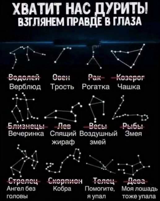 ХВАТИТ НАС ДУРИТЬ! ВЗГЛЯНЕМ ПРАВДЕ В ГЛАЗА
Водолей - Верблюд
Овен - Тросик
Рак - Рогатка
Козерог - Чаша
Близнецы - Вечеринка
Лев - Спящий жираф
Весы - Воздушный змей
Рыбы - Змея
Стрелец - Ангел без головы
Скорпион - Кобра
Телец - Помогите, я упал
Дева - Моя лошадь тоже упала