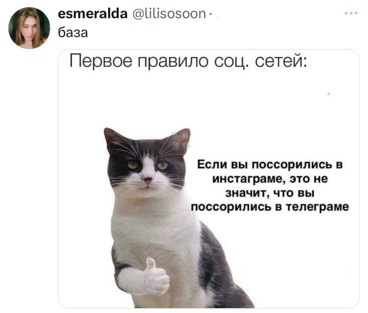 Первое правило соц. сетей:
Если вы поссорились в инстаграме, это не значит, что вы поссорились в телеграме.