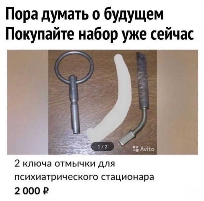 Пора думать о будущем
Покупайте набор уже сейчас
2 ключа отмычки для psychiatric стационара
2000 ₽