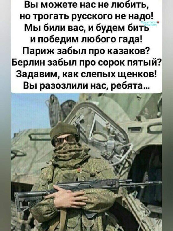 Вы можете нас не любить, но трогать русского не надо! Мы били вас, и будем бить и победим любого гада! Париж забыл про казаков? Берлин забыл про сорок пятый? Задавим, как слепых щенков! Вы разозлили нас, ребята...